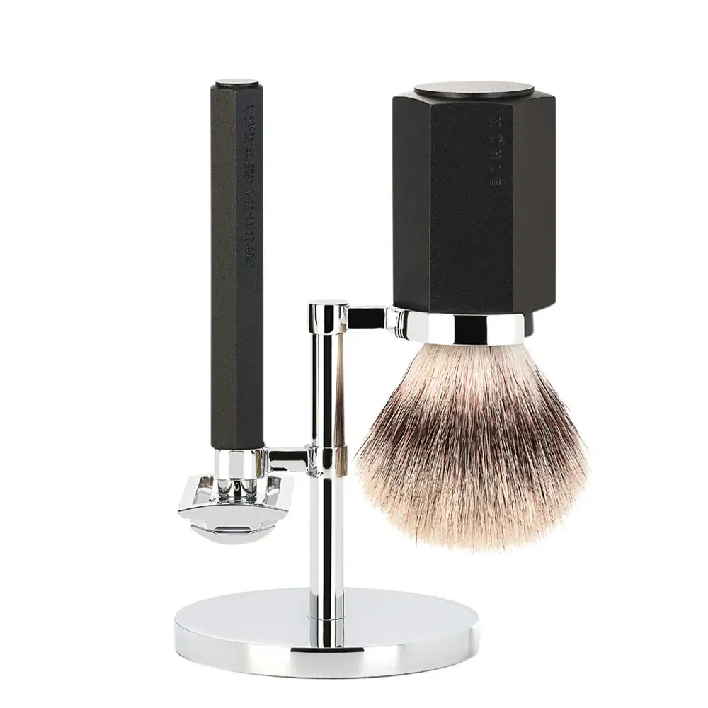 Shaving Accessories - Mühle Hexagon Set Of 3 Safety Razor, Silvertip Fibre Brush & Holder - Graphite